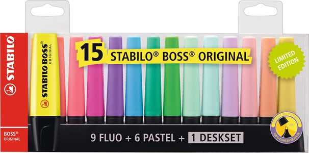 Cartoleria Evidenziatore - STABILO BOSS ORIGINAL Desk-Set - 15 Colori assortiti 9 Neon + 6 Pastel STABILO