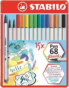 Cartoleria Pennarello Premium con punta a pennello - STABILO Pen 68 brush - Scatola in metallo da 15 - con 15 colori assortiti STABILO
