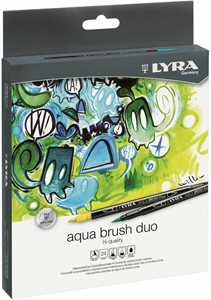 Cartoleria Pennarelli doppia punta Lyra Aqua Brush Duo. Confezione in cartone 24 colori Lyra