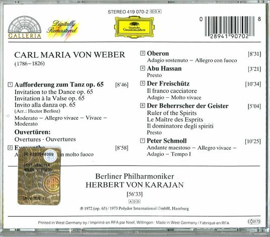 Invito alla danza: Ouvertures - CD Audio di Carl Maria Von Weber,Herbert Von Karajan,Berliner Philharmoniker - 2