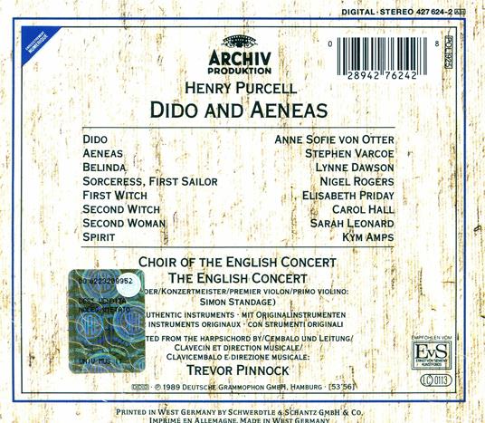 Dido and Aeneas - CD Audio di Henry Purcell,Anne Sofie von Otter,English Concert,Trevor Pinnock - 2