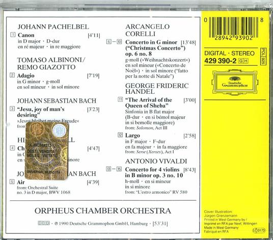 Adagio / Canone e giga ed altre composizioni - CD Audio di Tomaso Giovanni Albinoni,Johann Sebastian Bach,Antonio Vivaldi,Johann Pachelbel,Georg Friedrich Händel,Orpheus Chamber Orchestra - 2