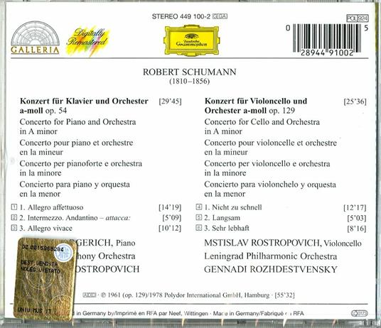 Concerto per pianoforte - Concerto per violoncello - CD Audio di Robert Schumann,Mstislav Rostropovich,Martha Argerich,Leningrad Philharmonic Orchestra,National Philharmonic Orchestra,Gennadi Rozhdestvensky - 2