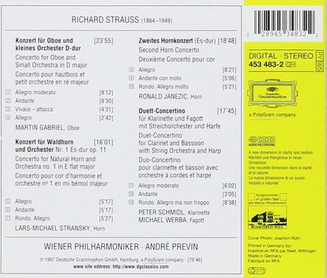 Concerti per corno n.1, n.2 - Concerto per oboe - Duett Concertino - CD Audio di Richard Strauss,André Previn,Wiener Philharmoniker - 2