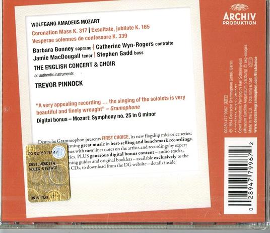 Messa dell'Incoronazione - Exsultate Jubilate - Vespri Solenni del Confessore - CD Audio di Wolfgang Amadeus Mozart,English Concert,Trevor Pinnock - 2