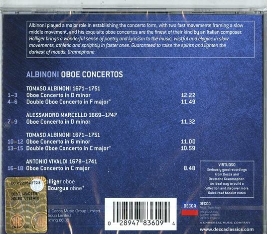 Concerti per oboe - CD Audio di Tomaso Giovanni Albinoni,Antonio Vivaldi,Benedetto Marcello,Musici,Heinz Holliger - 2