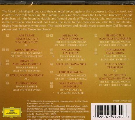 Chant for Peace - CD Audio di Timna Brauer,Cistercian Monks of Stift Heiligenkreuz,Elias Meiri Ensemble - 2