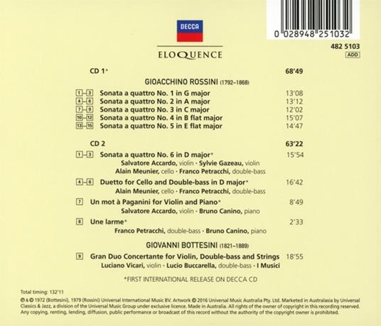 Sonate a quattro / Gran duo concertante - CD Audio di Gioachino Rossini,Giovanni Bottesini,Musici,Salvatore Accardo - 2