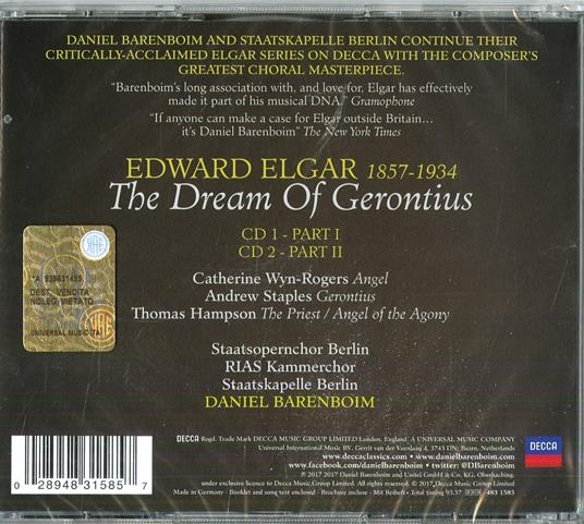 The Dream of Gerontius - CD Audio di Edward Elgar,Staatskapelle Berlino,RIAS Kammerchor,Catherine Wyn-Rogers,Daniel Barenboim - 2