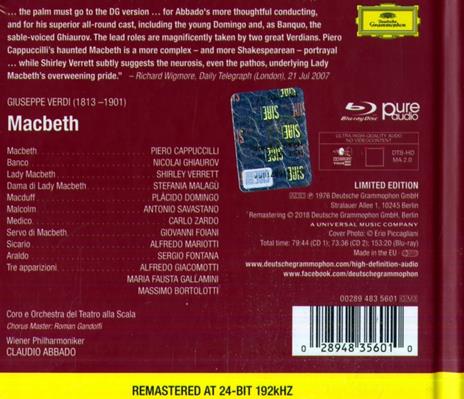 Macbeth - CD Audio + Blu-Ray Audio di Placido Domingo,Giuseppe Verdi,Claudio Abbado,Orchestra del Teatro alla Scala di Milano - 2