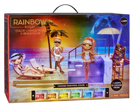 Rainbow High Pacific Coast Colour Change Set da Gioco Piscina e Beach Club-con luci a LED, Ponte e Palme-per Bambole alla Moda-Include sedie, Bevande e Altro-età: dai 6 Anni in su, Colore, 578475EUC - 2