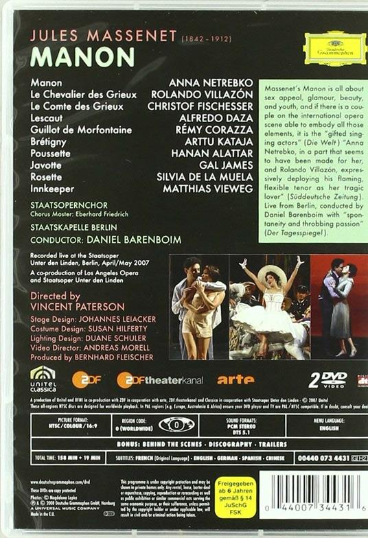Jules Massenet. Manon (2 DVD) - DVD di Jules Massenet,Anna Netrebko,Daniel Barenboim - 2