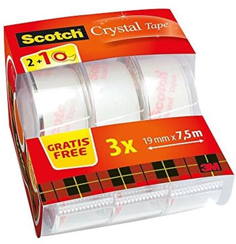 Scotch Nastro Adesivo Trasparente Multiuso, Confezione Multipla da 3 Rotoli di Scotch Crystal Tape per Pacchi, 2 + 1 Dispenser di Nastro Adesivo a Lunga Tenuta per Carta, Cartone 19 mm x 7.5 m