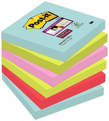 3M Post-it. Foglietti Post-It Super Sticky Miami. Confezione Da 6 Blocchetti Con Film Singolo Da 90 Fogli