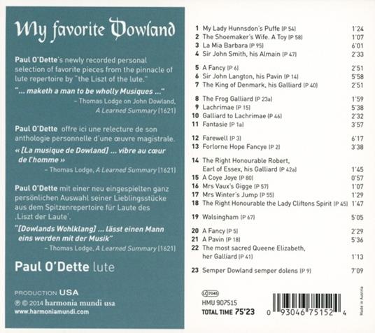 My Favourite Dowland - CD Audio di John Dowland,Paul O'Dette - 2