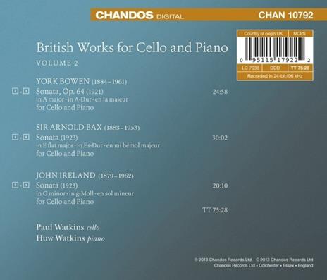 Musica inglese per violoncello e pianoforte vol.2 - CD Audio di Arnold Trevor Bax,John Ireland,York Bowen,Huw Watkins,Paul Watkins - 2