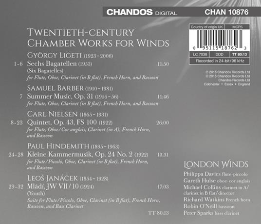 Composizioni per fiati - CD Audio di Paul Hindemith,Carl August Nielsen,Leos Janacek,György Ligeti,Samuel Barber,London Winds - 2