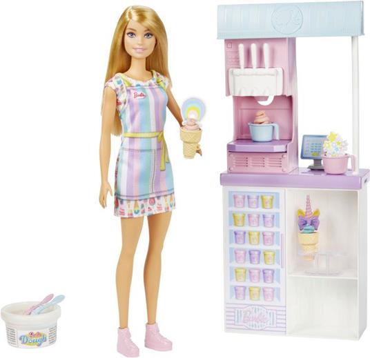 Barbie-Playset Gelateria con Bambola Bionda, Macchina per Fare il Gelato, 2  Barattolini di Pasta Modellabile