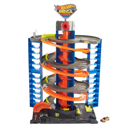 Hot Wheels- City Mega Garage Twist, Playset con Ascensore a Spirale e Oltre 6 Posti Auto, Include 1 Macchinina in Scala 1:64, Imballaggio Sostenibile, Giocattolo per Bambini 4+ Anni, HFH03 - 2