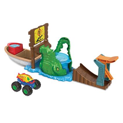 Hot wheels, monster trucks palude del coccodrillo, playset da usare con l''acqua e 1 veicolo monster trucks color shifters, giocattolo per bambini 4+ anni