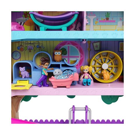 Polly Pocket - Pollyville Casa sull'Albero dei Cuccioli, playset a 5 piani, 15+ pezzi gioco: 2 bambole, veicolo, 4 animali