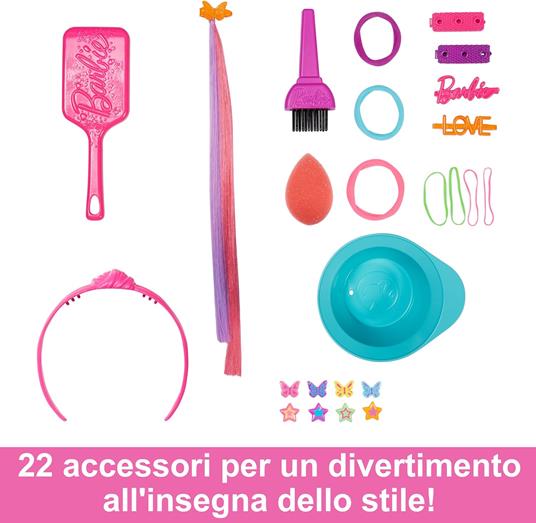 Barbie - Super Chioma Hairstyle Capelli Arcobaleno, testa pettinabile con  capelli biondi e ciocche arcobaleno fluo da acconciare, con accessori Color  Reveal, giocattolo per bambini, 3+ anni, HMD78 : : Giochi e  giocattoli