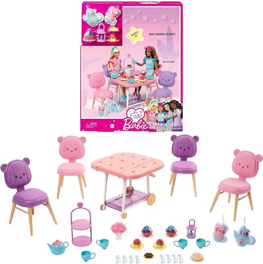 Barbie la mia prima barbie, set servizio da tè, playset con 18+ accessori e due gattini di peluche inclusi, 3+ anni