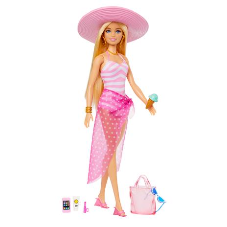 ?Barbie Movie - Barbie bambola bionda con costume da bagno rosa e bianco,  cappello da sole, tote bag e accessori da spiaggia