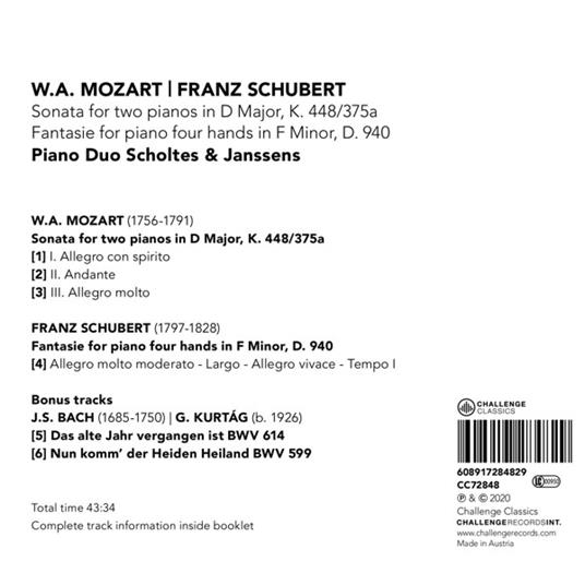 Sonata For Two Pianos In D Major K.448-375a - Fantasie For Piano Four Hands In F Minor D.940 - CD Audio di Scholtes & Janssens Piano Duo - 2