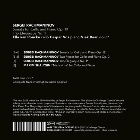 Rachmaninov. Sonata For Cello And Piano Op. 19 - Trio Elegiaque No. 1 - CD Audio di Ella Van - Caspar Vos - Niek Baar Poucke - 2