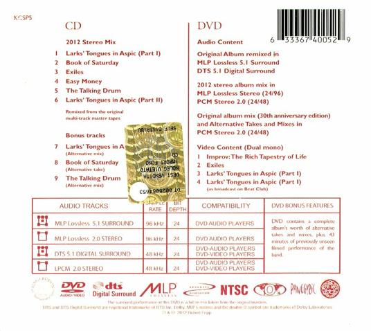 Lark's Tongues in Aspic (40th Anniversary Remastered Edition) - CD Audio + DVD di King Crimson - 2