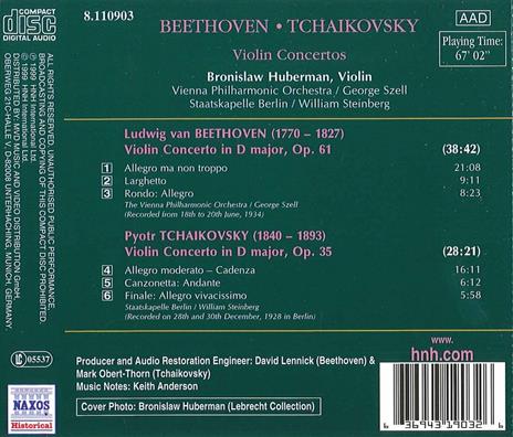 Concerto per violino in Re op.61 / Concerto per violino in Re in Re op.35 - CD Audio di Ludwig van Beethoven,Pyotr Ilyich Tchaikovsky,George Szell,William Steinberg,Wiener Philharmoniker,Staatskapelle Berlino,Bronislav Huberman - 2