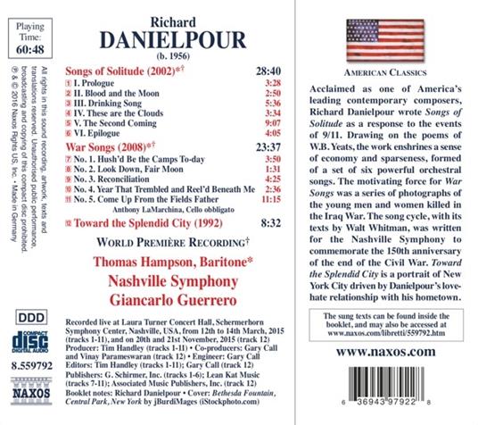 Songs of Solitude - War Songs - CD Audio di Richard Danielpour - 2