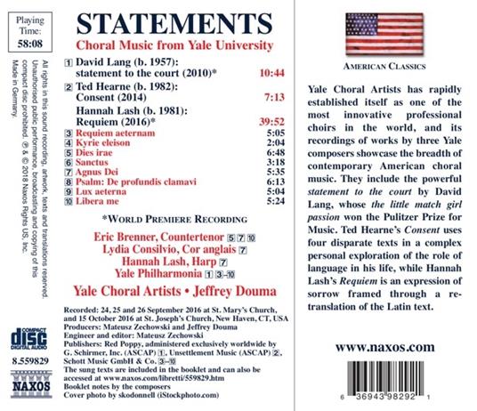 Statements. Choral Music from Yale University - CD Audio di David Lang,Ted Hearne,Jeffrey Douma - 2