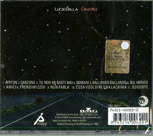 Lucio Dalla CD Canzoni / BMG Pressing ‎– 74321 40062 2