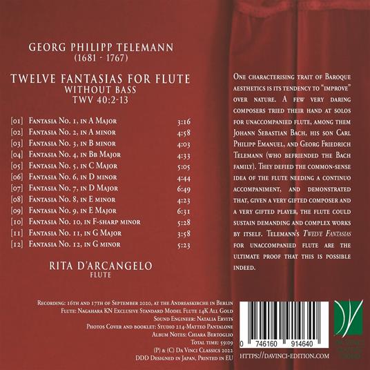 12 Fantasias For Flute - CD Audio di Georg Philipp Telemann,Rita D'Arcangelo - 2