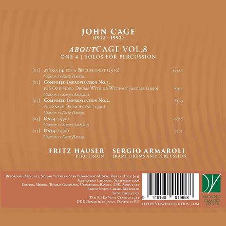 Aboutcage Vol.8 One 4 - Solos for Percussion - CD Audio di John Cage,Fritz Hauser - 2