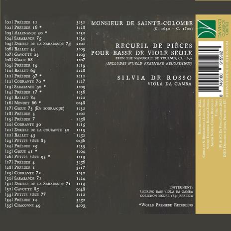 Recueil de pièces pour basse de viole seule - CD Audio di Sainte-Colombe,Silvia De Rosso - 2