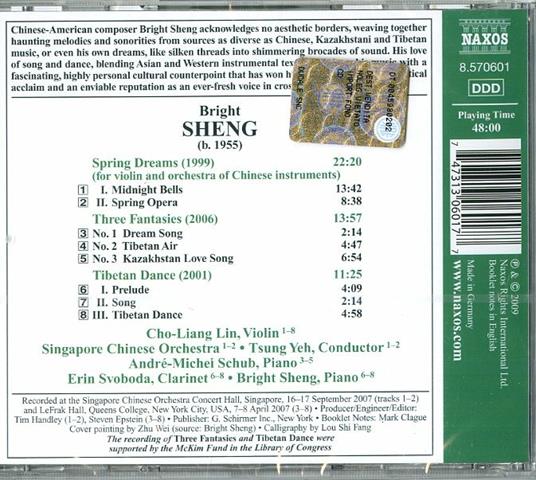 Spring Dreams - 3 Fantasie - Tibetan Dance - CD Audio di Bright Sheng,Singapore Chinese Orchestra,Tsung Yeh - 2