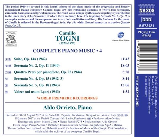 Musica per pianoforte completa vol.4 - CD Audio di Aldo Orvieto,Camillo Togni - 2