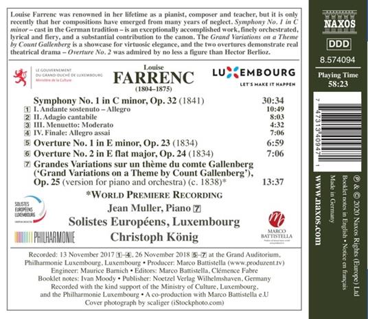 Sinfonia n.1 op.32 - Ouvertures n.1 op.23 - CD Audio di Louise Farrenc,Solisti Europei,Christoph König - 2