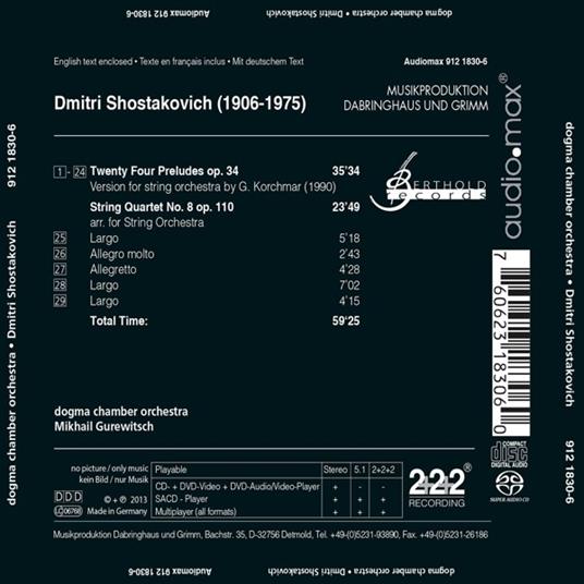 24 Preludi op.24 - Quartetto per archi n.8 op.110 (Trascrizioni per orchestra d'archi) - SuperAudio CD ibrido di Dmitri Shostakovich,Dogma Chamber Orchestra - 2