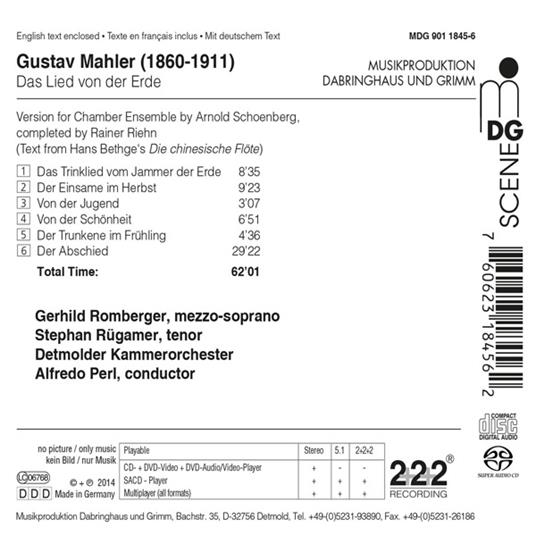 Il canto della Terra (Das Lied von der Erde) - SuperAudio CD ibrido di Gustav Mahler,Alfredo Perl,Detmolder Kammerorchester - 2