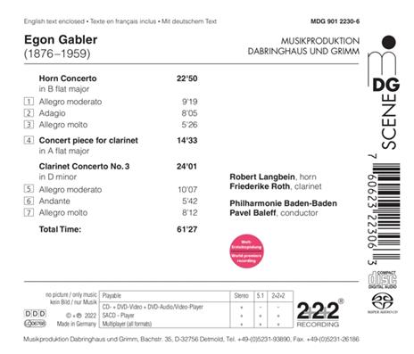 Gabler. Clarinet Concerto No. 3-Horn Concerto - CD Audio di Robert - Friederike Roth Langbein - 2