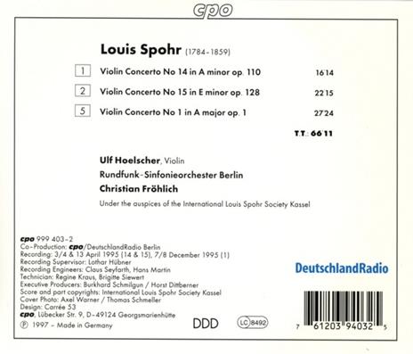 Spohr: Concerti Per Violino n. 1, 14, 15 / Ulf Hoelscher, Christian Frohlich CD - CD Audio - 2