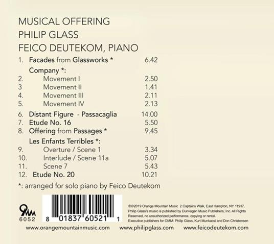 Philip Glass. Musical Offering - CD Audio di Feico Deutekom - 2