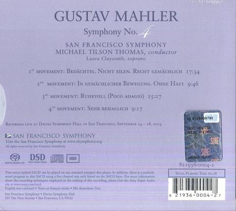 Sinfonia n.4 - SuperAudio CD ibrido di Gustav Mahler,Michael Tilson Thomas,San Francisco Symphony Orchestra - 2