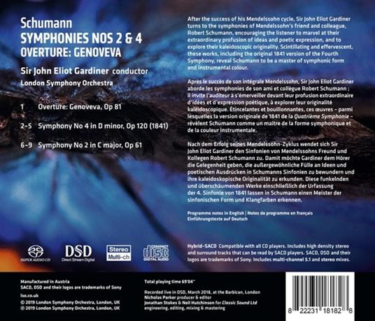 Sinfonia n.2 op.61, n.4 op.120 - Genoveva Ouverture op.81 - SuperAudio CD ibrido di Robert Schumann,John Eliot Gardiner - 2