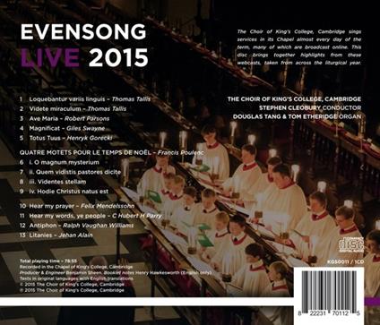 Evensong Live 2015 - CD Audio di King's College Choir,Stephen Cleobury