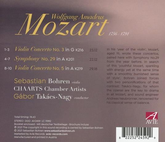 Violin Concertos - CD Audio di Wolfgang Amadeus Mozart,Sebastian Bohren - 2